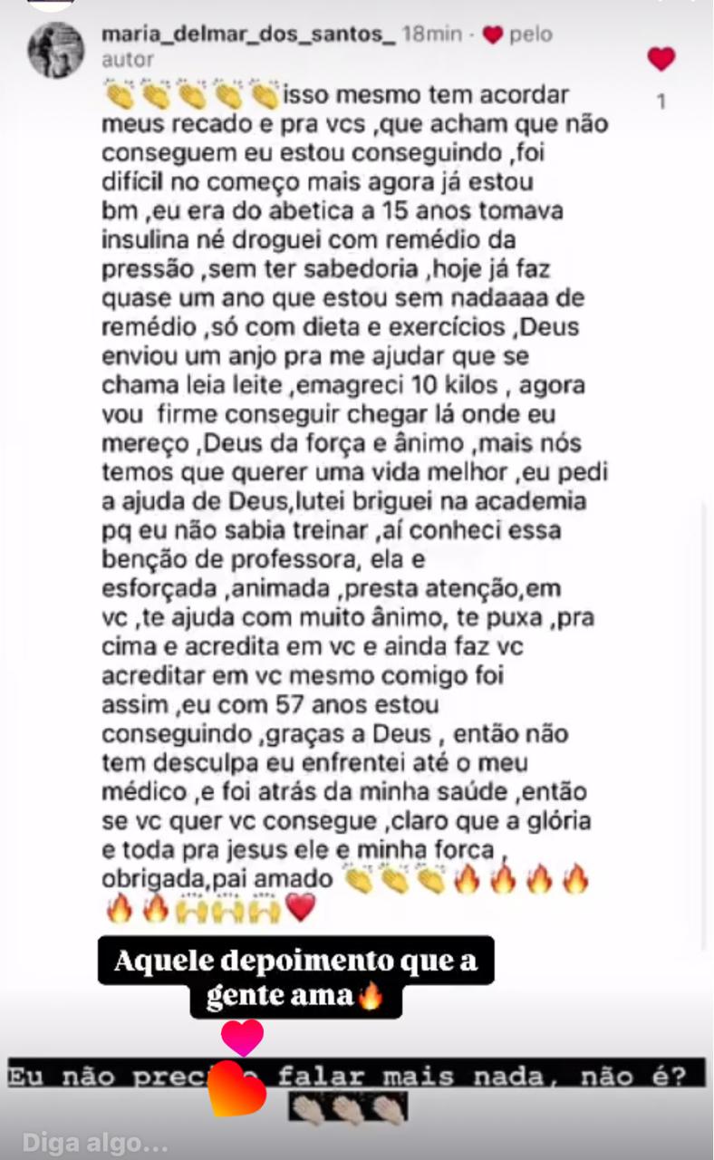 Print de depoimento publicado no Instagram por uma aluna da Leia Leite